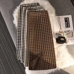 Rock Queen Shigga (4 Farben) -Modebekleidungs Geschäft Autumn Winter Knitted Plaid Skirt Women Elastic Waist Sexy Bodycon Pencil Skirt Elegant Office Ladies Work
