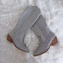 Stiefel Queen Glosswanda -Modebekleidungs Geschäft Onlymaker Woman Knee High Boots Silver Western Cowboy Boots Pointed Toe Bling Shiny Block Heel Pull