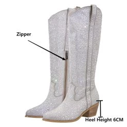 Stiefel Queen Glosswanda -Modebekleidungs Geschäft Onlymaker Woman Knee High Boots Silver Western Cowboy Boots Pointed Toe Bling Shiny Block Heel Pull e0f8c237 298d 4bb0 9899 5ee3563ef1ec