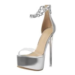 Sandalen Queen Mhithal (2 Farben) -Modebekleidungs Geschäft Onlymaker Women Sandals Summer Peep Toe Platform Metal Transparent High Heel Ankle Metal Chain Patent Leather