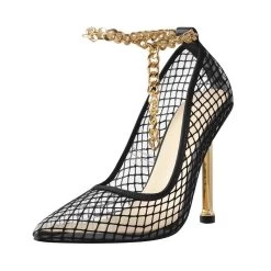 Schuhe Queen Riddalta -Modebekleidungs Geschäft Onlymaker Women s Pointed Toe Black Fishnet Ankle Thin Metal Chain Pumps Fashion Party Dress Heels