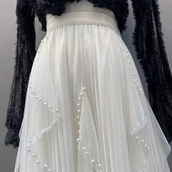 Rock Queen Blandy (3 Farben) -Modebekleidungs Geschäft Pearl Beading Irregular Pleated Mesh Tulle Skirt Women Casual Korean Fashion Elastic High Waist Splicing Long