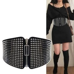 Gürtel Queen Ruccia 13 Gürtel Queen Ruccia -Modebekleidungs Geschäft Punk Rivet Inlay Wide Elastic Corset Belt Female Waist Goth Plus Size Stretch Cummerbunds Big Designer