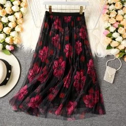 Rock Queen Farfhy (3 Farben) -Modebekleidungs Geschäft Women s Flower Pleated Mesh Tulle Skirt Women Korean Fashion Female Elastic High Waist Dance Party